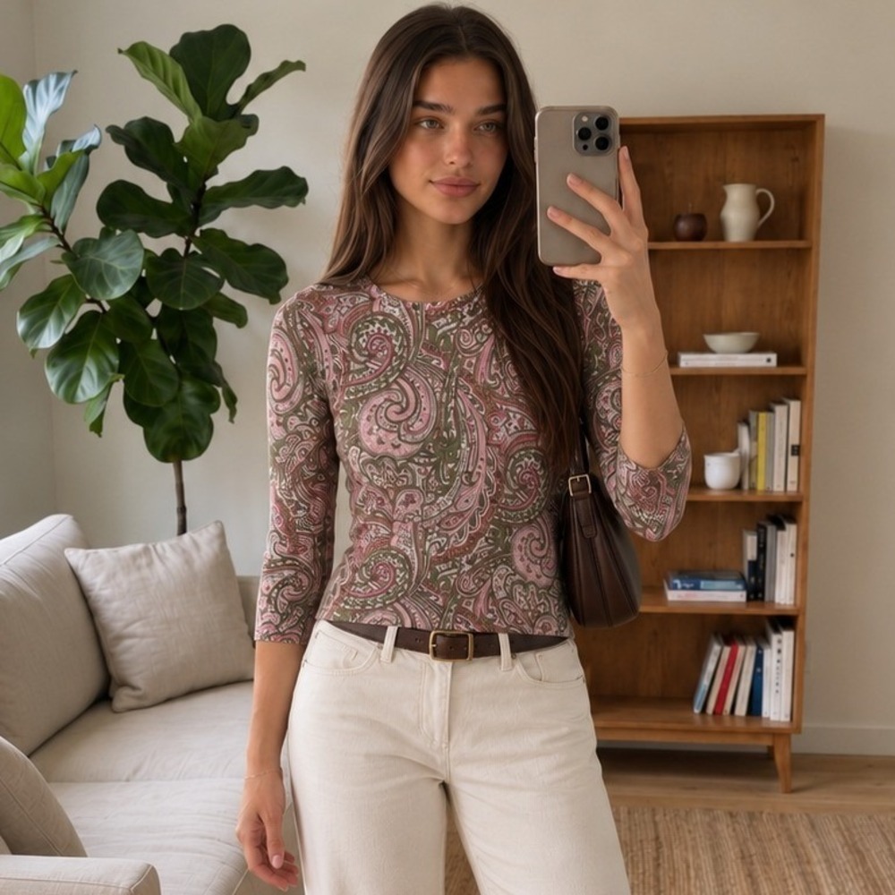 Lord & Taylor Womens Cashmere Sweater S Pink Green Paisley Boho Preppy Classic‎
